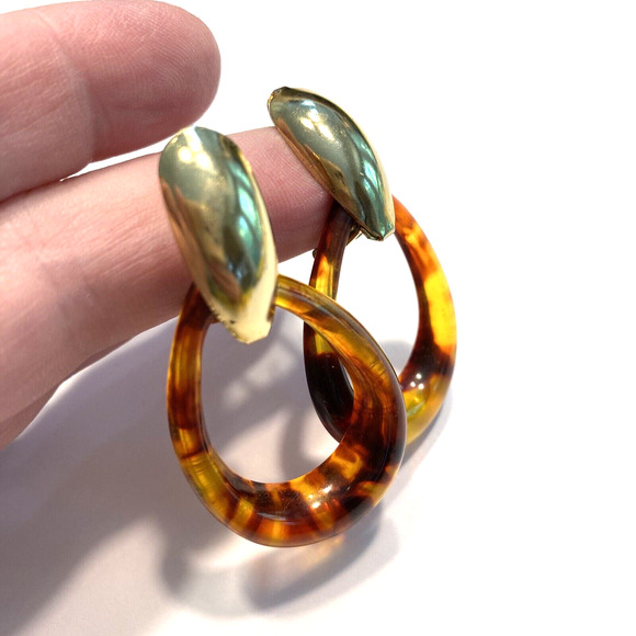 Vintage Pierced Earrings Faux Tortoise Shell Hoops Doorknockers Drop & Dangle - Picture 6 of 7